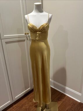 Selfie Leslie Gold Satin Strapless Evening Gown